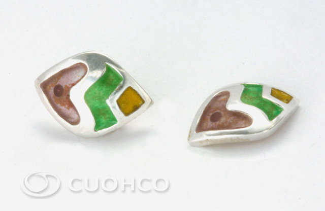 Cloisonne enamel stud earrings in sterling silver, fired in purple, green and yellow colour, that evoke an African shield