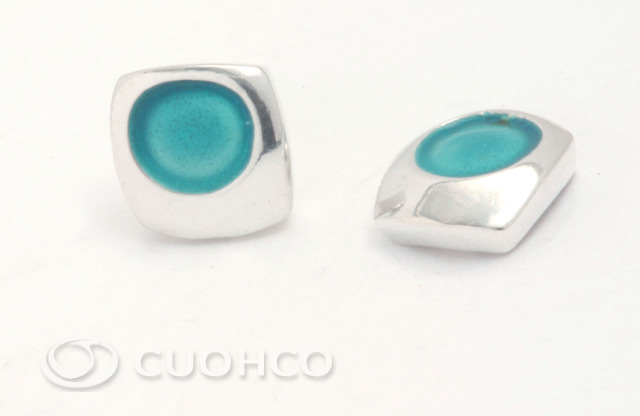 Enamelled square earrings with rounded edges in sterling silver fired in turquoise colour