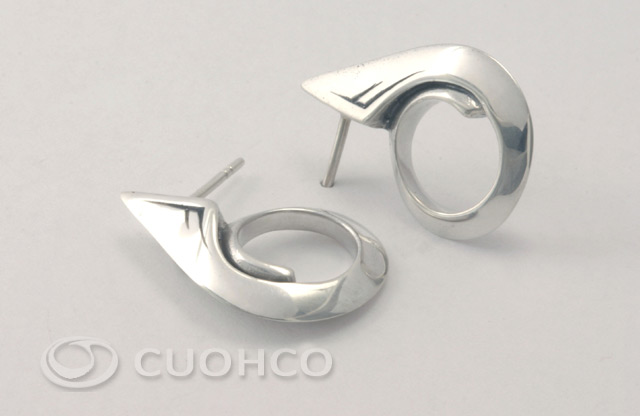 Sterling silver stud earrings designed in the shape of a vertical spiral with front volume