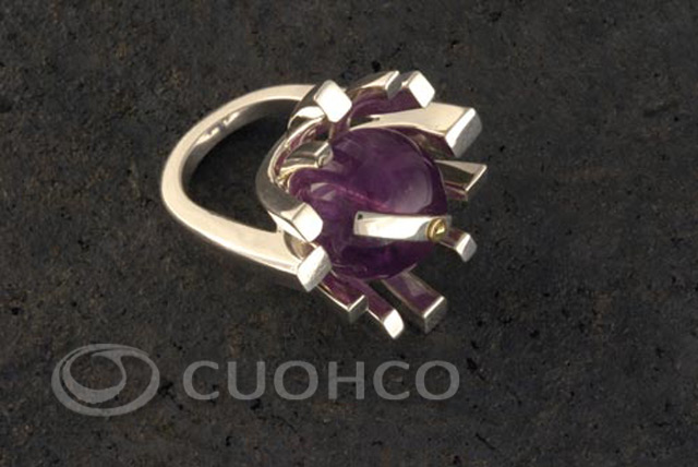 Amethyst ring with silver asymmetric halo and movable hour hand set by a gold pin